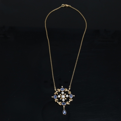 1226 - A late 20th century 18ct gold sapphire pearl and diamond floral pendant necklace set with whole and ... 