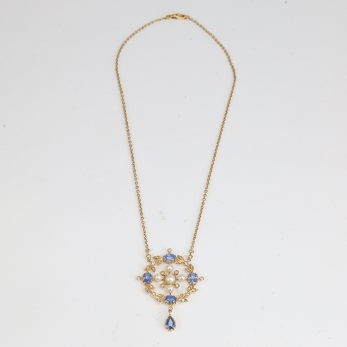 1226 - A late 20th century 18ct gold sapphire pearl and diamond floral pendant necklace set with whole and ... 