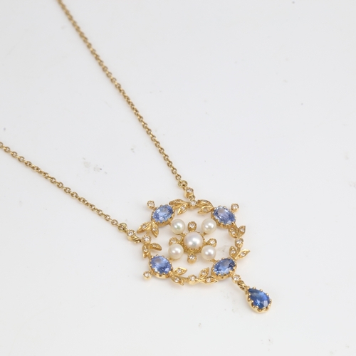 1226 - A late 20th century 18ct gold sapphire pearl and diamond floral pendant necklace set with whole and ... 