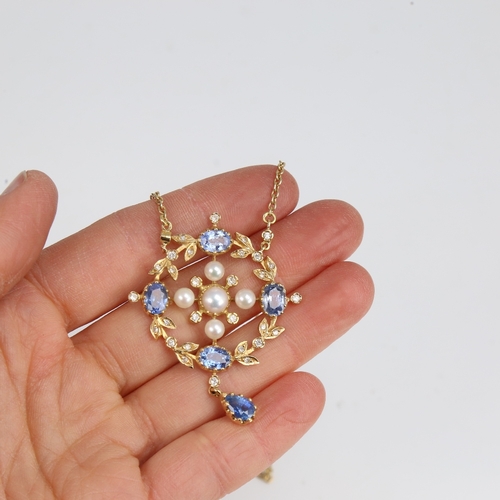 1226 - A late 20th century 18ct gold sapphire pearl and diamond floral pendant necklace set with whole and ... 