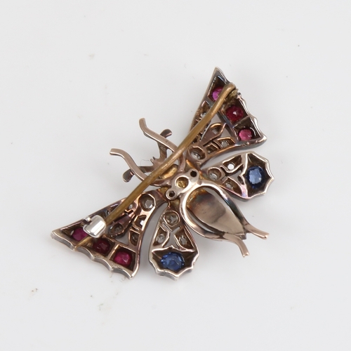 1228 - A Victorian unmarked gold ruby sapphire pearl and diamond figural butterfly brooch, set with round-c... 