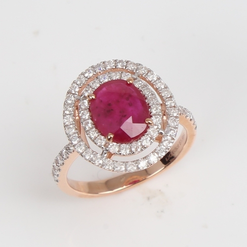 1229 - A modern 14ct rose gold ruby and diamond cluster double-halo ring, set with oval mixed-cut ruby and ... 