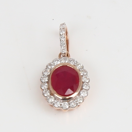 1230 - A modern 14ct rose gold ruby and diamond cluster pendant, set with oval mixed-cut ruby and round bri... 