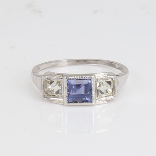 1232 - A French Art Deco style 18ct white gold 3-stone sapphire and diamond panel ring, set with square-cut... 