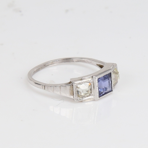 1232 - A French Art Deco style 18ct white gold 3-stone sapphire and diamond panel ring, set with square-cut... 