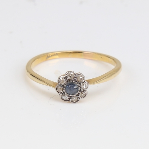 1237 - An 18ct gold sapphire and diamond cluster flowerhead ring, set with round-cut sapphire and single-cu... 