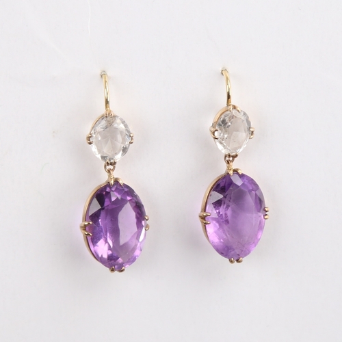 1239 - A pair of Antique unmarked gold amethyst and quartz drop earrings, set with oval mixed-cut stones, w... 