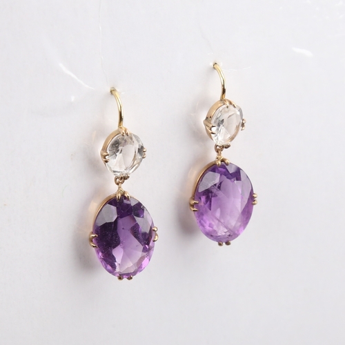 1239 - A pair of Antique unmarked gold amethyst and quartz drop earrings, set with oval mixed-cut stones, w... 