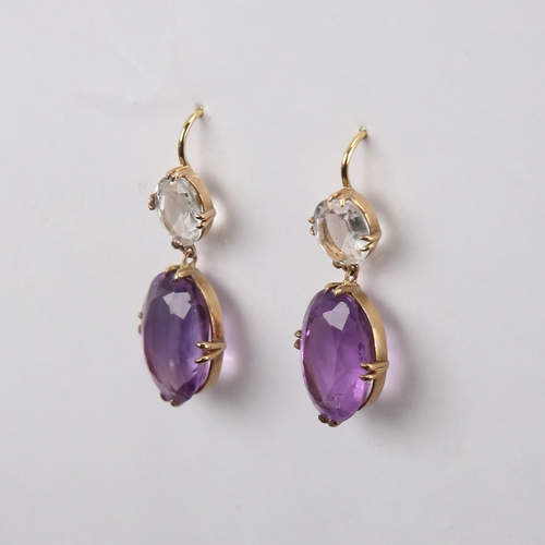 1239 - A pair of Antique unmarked gold amethyst and quartz drop earrings, set with oval mixed-cut stones, w... 