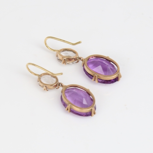 1239 - A pair of Antique unmarked gold amethyst and quartz drop earrings, set with oval mixed-cut stones, w... 