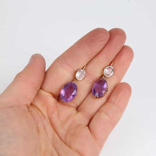 1239 - A pair of Antique unmarked gold amethyst and quartz drop earrings, set with oval mixed-cut stones, w... 