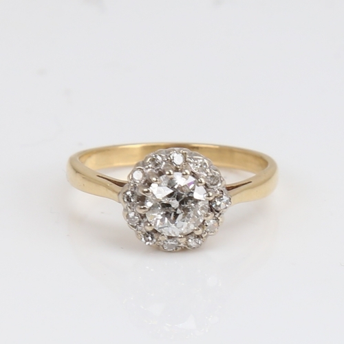 1240 - An 18ct gold diamond cluster halo ring, set with old European and single-cut diamonds, central diamo... 