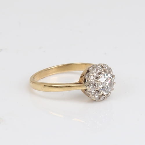 1240 - An 18ct gold diamond cluster halo ring, set with old European and single-cut diamonds, central diamo... 