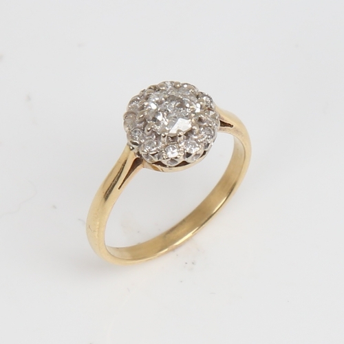 1240 - An 18ct gold diamond cluster halo ring, set with old European and single-cut diamonds, central diamo... 