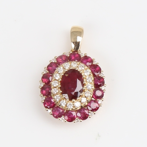 1243 - A modern 14ct gold ruby and diamond cluster pendant, set with oval mixed and round-cut rubies with r... 