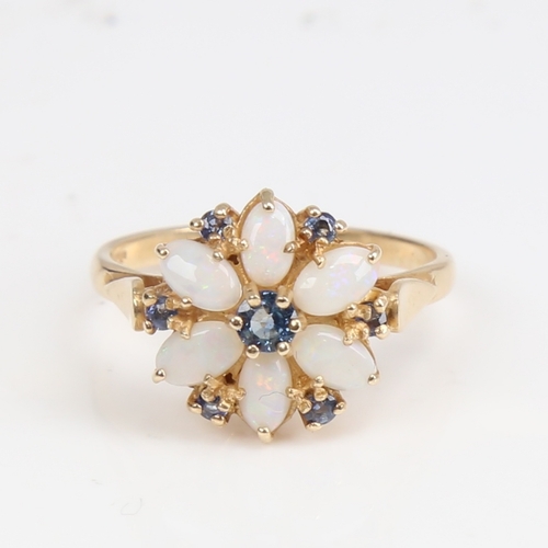 1246 - A late 20th century 14ct gold sapphire and opal cluster flowerhead ring, set with marquise cabochon ... 