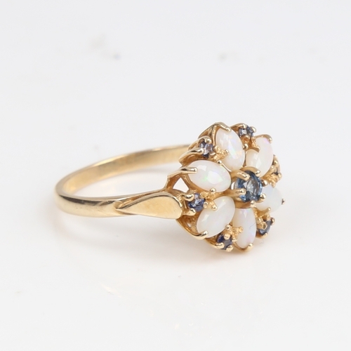 1246 - A late 20th century 14ct gold sapphire and opal cluster flowerhead ring, set with marquise cabochon ... 