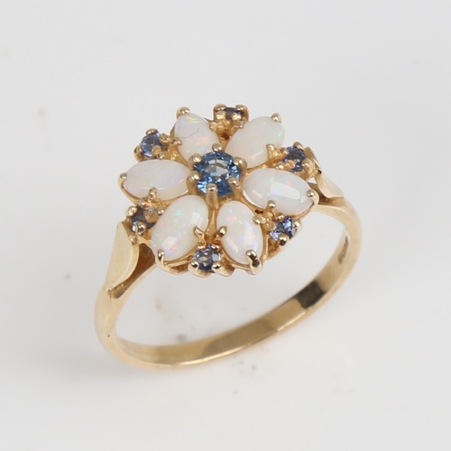 1246 - A late 20th century 14ct gold sapphire and opal cluster flowerhead ring, set with marquise cabochon ... 