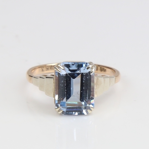 1248 - A Vintage 9ct gold aquamarine dress ring set with emerald-cut aqua and stepped unmarked 18ct white g... 