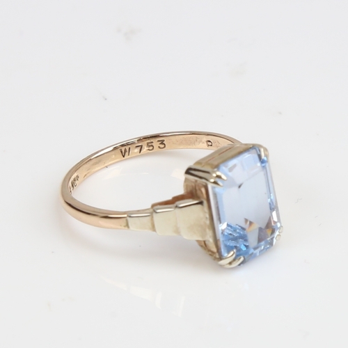 1248 - A Vintage 9ct gold aquamarine dress ring set with emerald-cut aqua and stepped unmarked 18ct white g... 