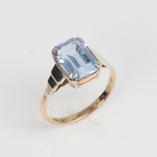 1248 - A Vintage 9ct gold aquamarine dress ring set with emerald-cut aqua and stepped unmarked 18ct white g... 