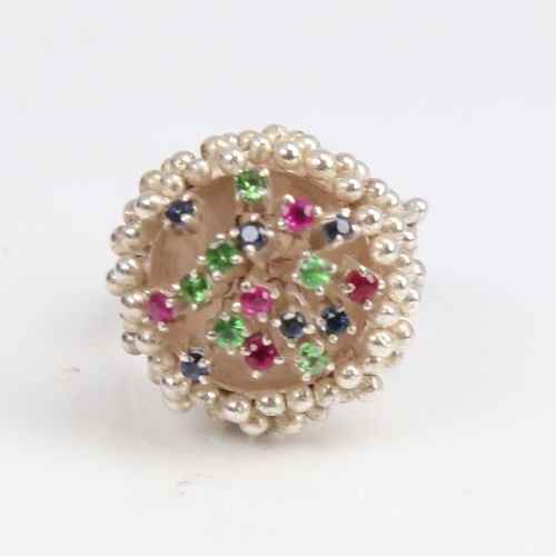 1252 - A modern handmade sterling silver gem set ring, organic form, set with sapphire ruby and diopside, s... 