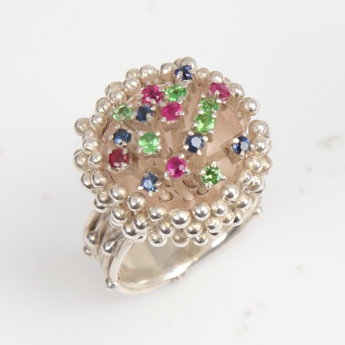 1252 - A modern handmade sterling silver gem set ring, organic form, set with sapphire ruby and diopside, s... 