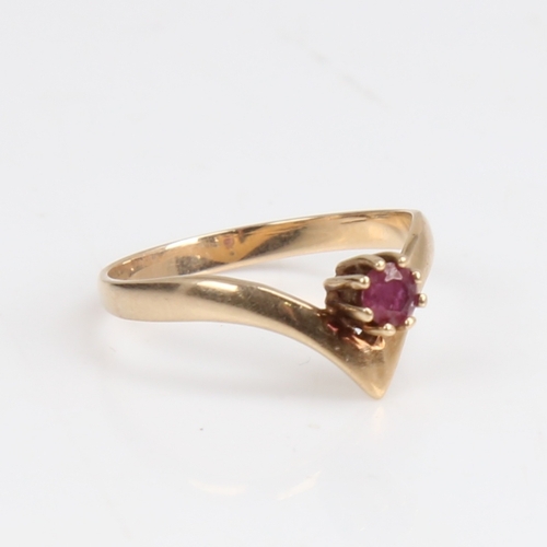 1254 - A late 20th century 9ct gold ruby wishbone ring, set with round-cut ruby, hallmarks Birmingham 1979,... 