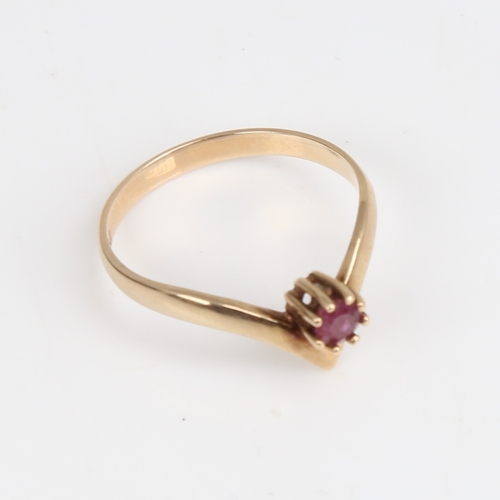 1254 - A late 20th century 9ct gold ruby wishbone ring, set with round-cut ruby, hallmarks Birmingham 1979,... 