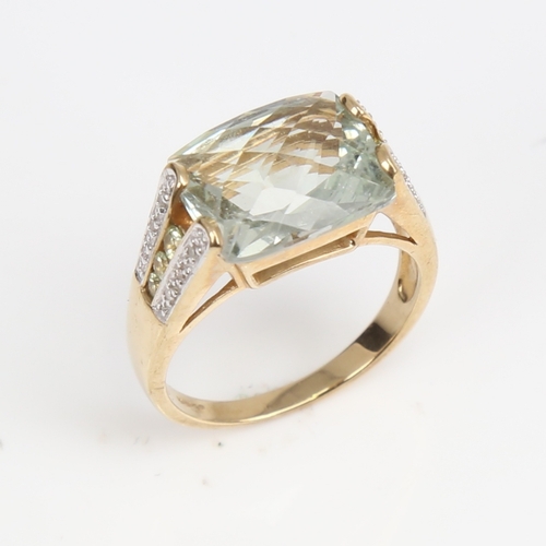 1255 - A modern 9ct gold green beryl and diamond dress ring, set with barrel-cut beryl and single-cut diamo... 