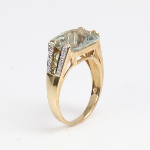 1255 - A modern 9ct gold green beryl and diamond dress ring, set with barrel-cut beryl and single-cut diamo... 