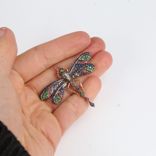 1258 - An silver-gilt gem set figural dragonfly brooch, gemstones include sapphires emeralds and diamonds, ... 