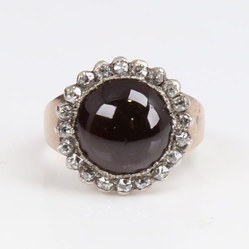 1260 - An Antique unmarked gold cabochon garnet and diamond cluster ring, set with round cabochon foil-back... 