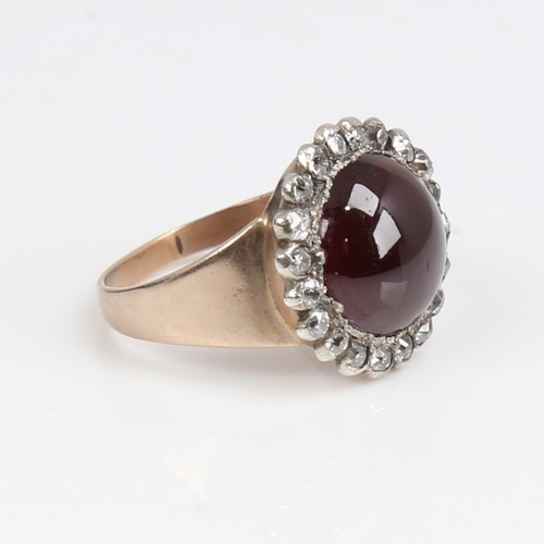 1260 - An Antique unmarked gold cabochon garnet and diamond cluster ring, set with round cabochon foil-back... 