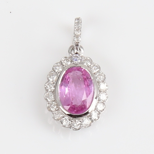 1261 - A modern 14ct white gold pink sapphire and diamond cluster drop pendant, set with oval mixed-cut sap... 