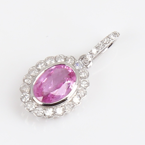 1261 - A modern 14ct white gold pink sapphire and diamond cluster drop pendant, set with oval mixed-cut sap... 