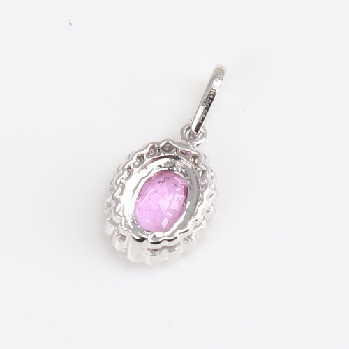 1261 - A modern 14ct white gold pink sapphire and diamond cluster drop pendant, set with oval mixed-cut sap... 