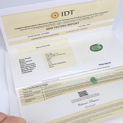 1280 - A 3.54ct unmounted oval mixed-cut emerald, dimensions: 12.90mm x 8.98mm x 3.97mm, 0.71g, with IDT Ce... 