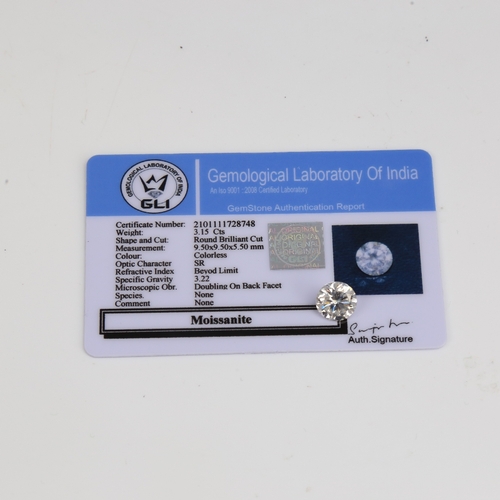 1283 - A 3.15ct unmounted round brilliant-cut moissanite, dimensions: 9.50mm x 5.50mm, with GLI card Certif... 