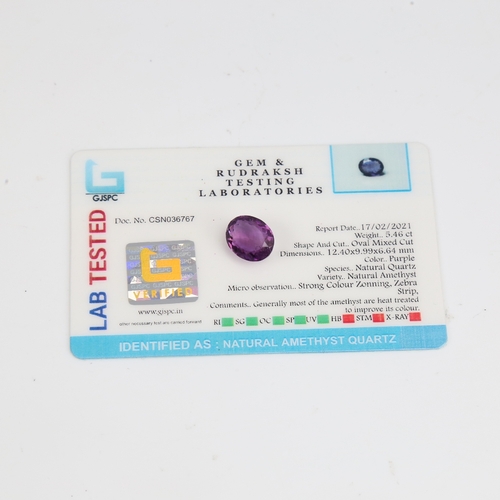 1287 - A 5.46ct unmounted oval mixed-cut amethyst, dimensions: 12.40mm x 9.99mm x 6.64mm, 1.09g, with GJSPC... 