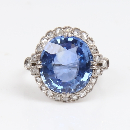 1298 - A large French 18ct white gold sapphire and diamond cluster ring, probably Art Deco period, set with... 