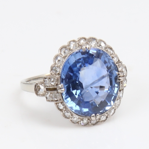 1298 - A large French 18ct white gold sapphire and diamond cluster ring, probably Art Deco period, set with... 