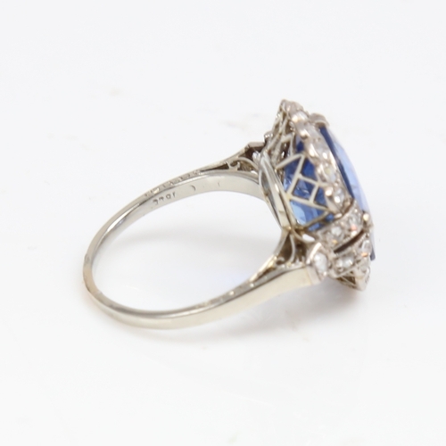 1298 - A large French 18ct white gold sapphire and diamond cluster ring, probably Art Deco period, set with... 