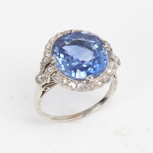 1298 - A large French 18ct white gold sapphire and diamond cluster ring, probably Art Deco period, set with... 