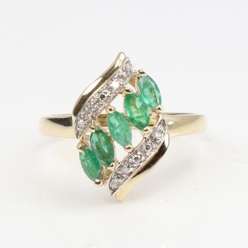 1394 - A modern 9ct gold emerald and diamond dress ring, set with marquise-cut emeralds and eight-cut diamo... 