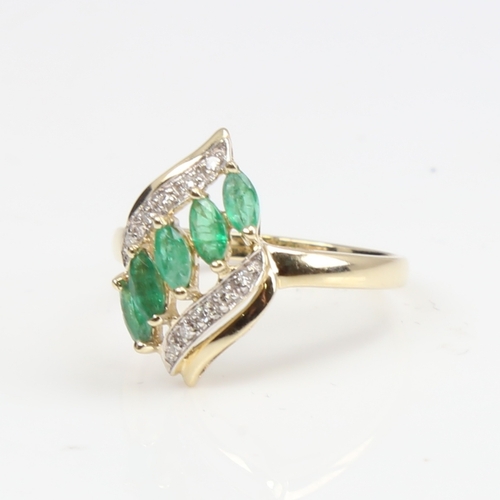 1394 - A modern 9ct gold emerald and diamond dress ring, set with marquise-cut emeralds and eight-cut diamo... 