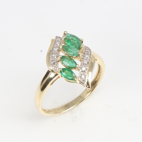 1394 - A modern 9ct gold emerald and diamond dress ring, set with marquise-cut emeralds and eight-cut diamo... 