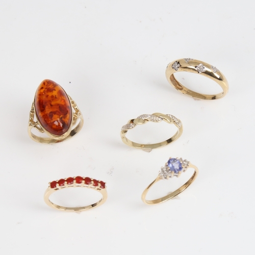 1396 - 5 9ct gold stone set rings, gemstones include amber and diamond, sizes L x 2, N, P x 2, 9.4g total (... 