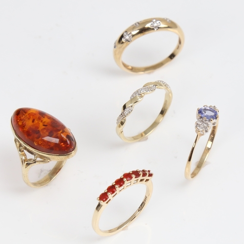 1396 - 5 9ct gold stone set rings, gemstones include amber and diamond, sizes L x 2, N, P x 2, 9.4g total (... 