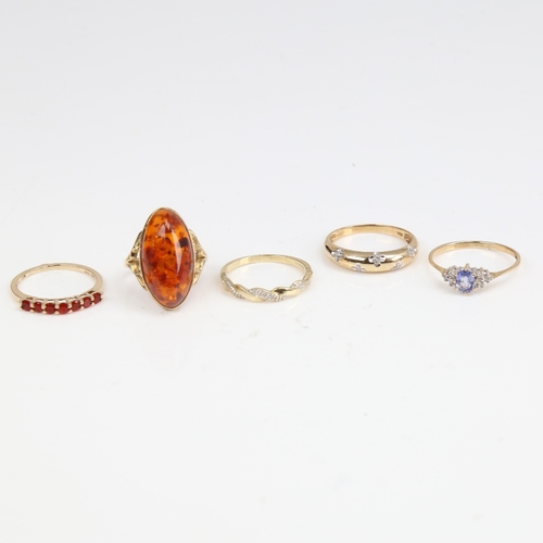 1396 - 5 9ct gold stone set rings, gemstones include amber and diamond, sizes L x 2, N, P x 2, 9.4g total (... 